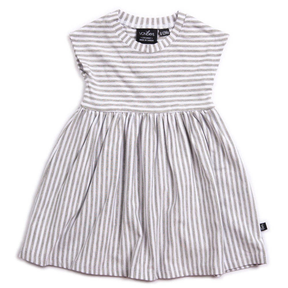 ORGANIC BABY GIRLS DRESS GRAY STRIPE CAP SLEEVE CANADIAN MADE