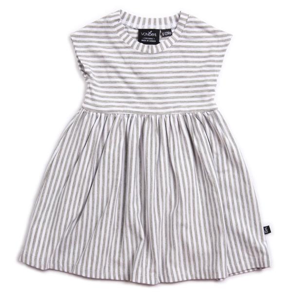 ORGANIC BABY GIRLS DRESS GRAY STRIPE CAP SLEEVE CANADIAN MADE