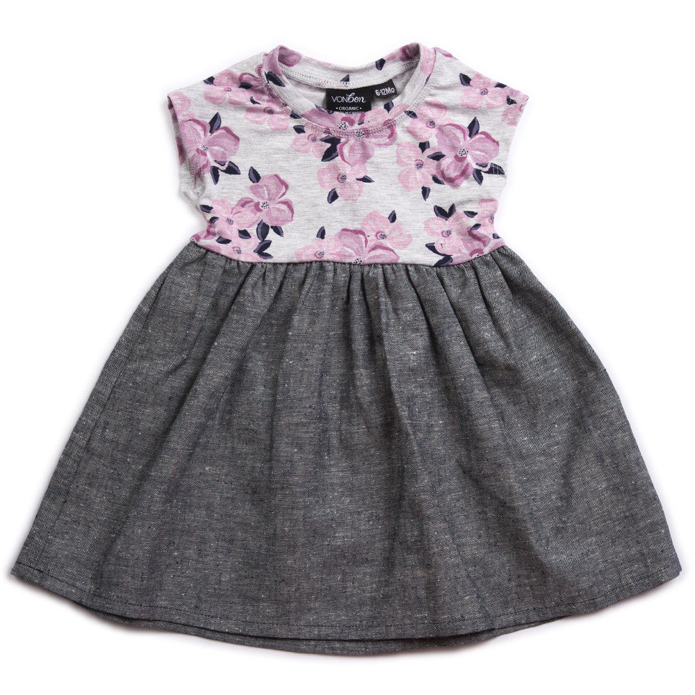 VONBON CAP SLEEVE DRESS WILD FLOWER CHAMBRAY PARTY DRESS