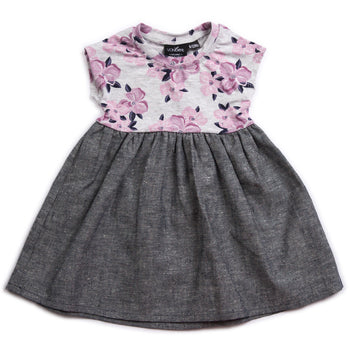 VONBON CAP SLEEVE DRESS WILD FLOWER CHAMBRAY PARTY DRESS