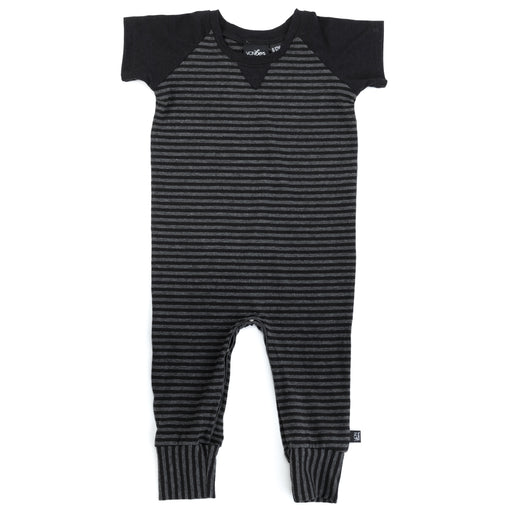 VONBON SHORT SLEEVE ROMPER CHARCOAL STRIPE ORGANIC COTTON BABY INFANT TODDLER ONESIE UNISEX VANCOUVER